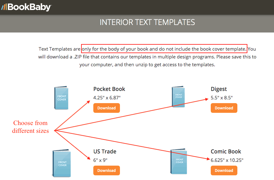 BookBaby book template sizes chart