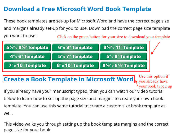 book template for word sizes 