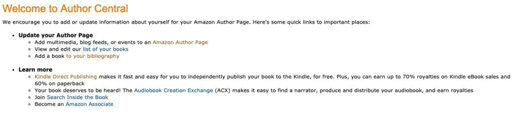 Amazon Author Central homepage