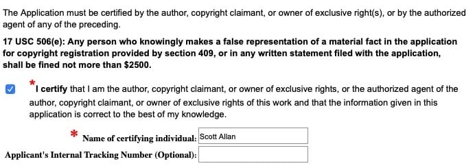 Book Copyright Application Name Of Certifying Individual
