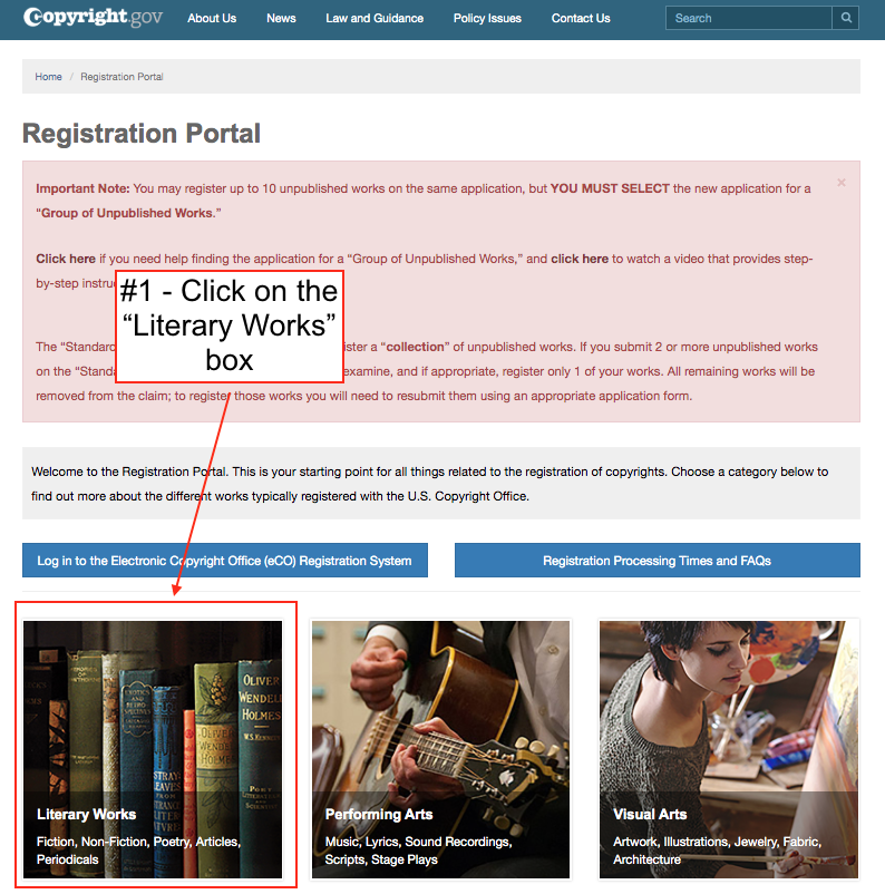 screenshot of copyright registration portal