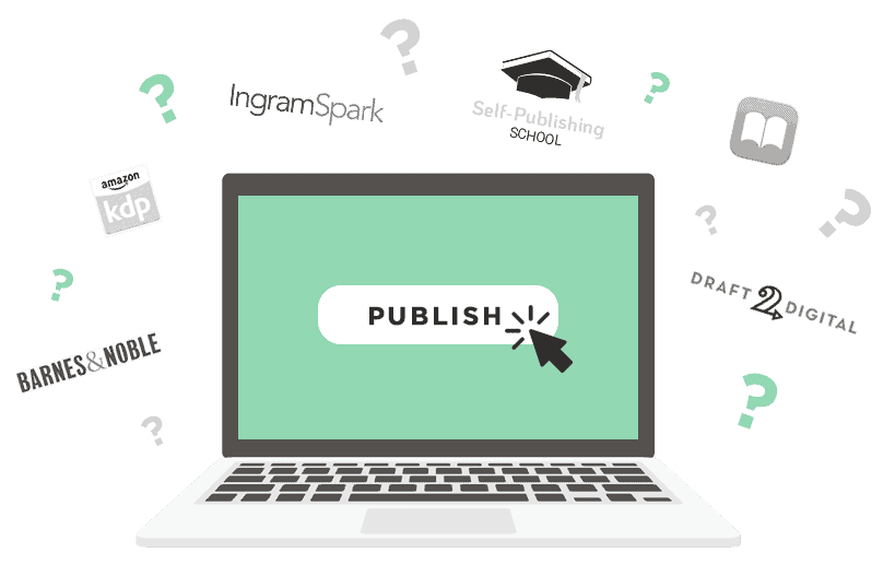 Laptop with a 'publish' button surrounded by publishing companies offering expert guidance on how to copyright a book effectively