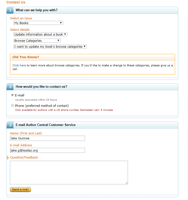 Amazon Author Central Contact Page