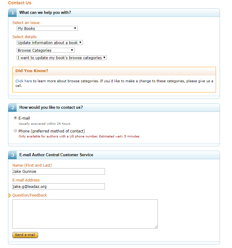 amazon author central contact page