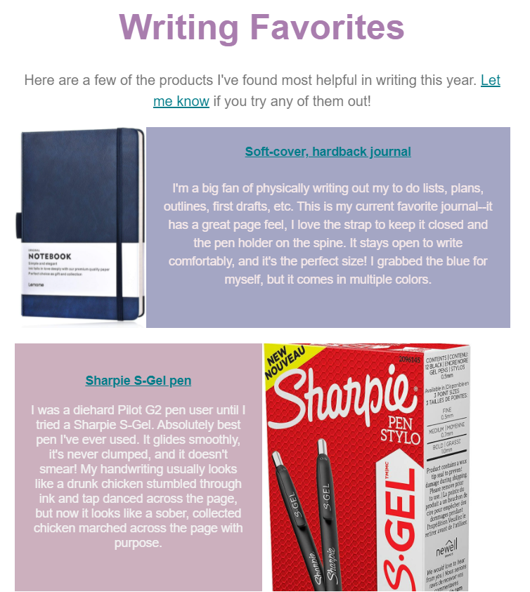 affiliate products from an author newsletter