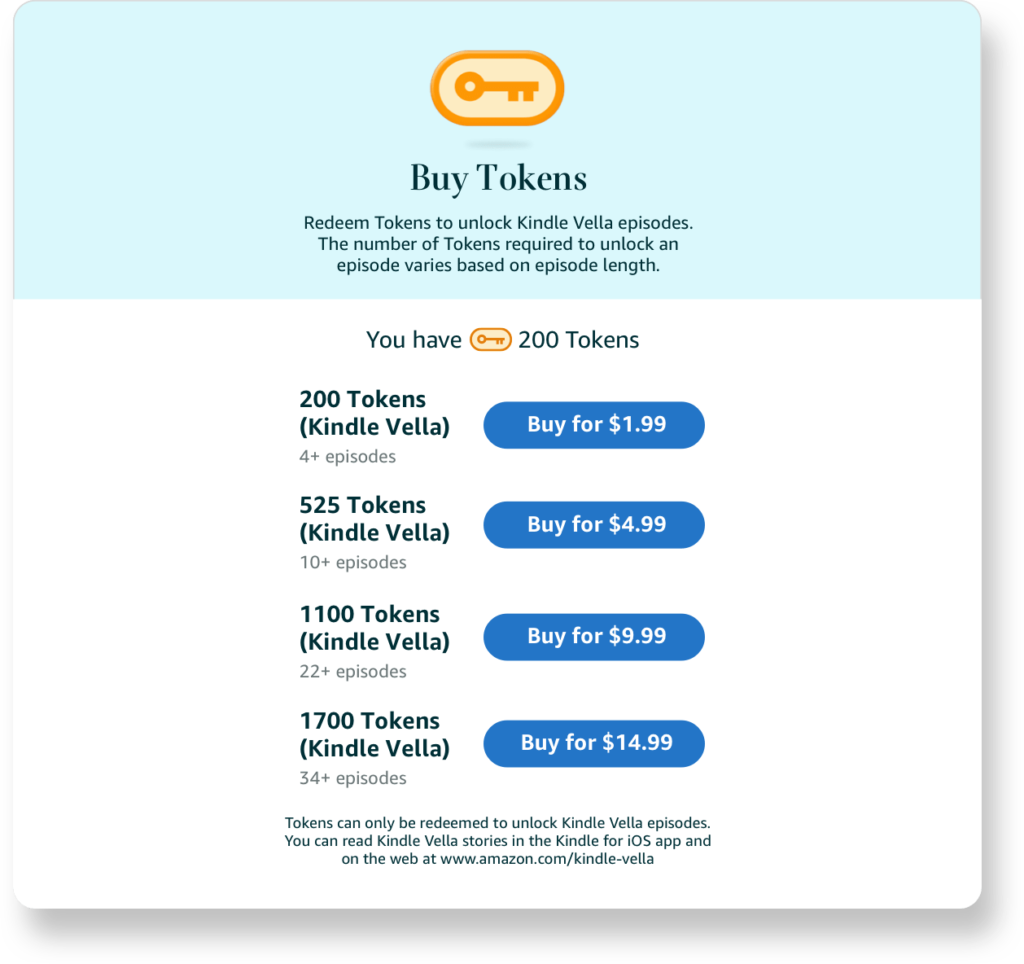 Screenshot Showing Kindle Vella Tokens Pricing