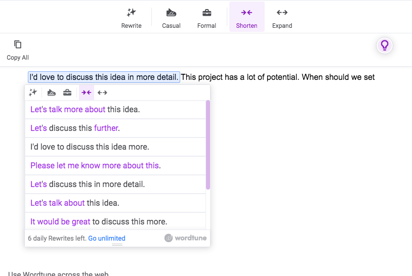 Wordtune review: shorten the sentence feature