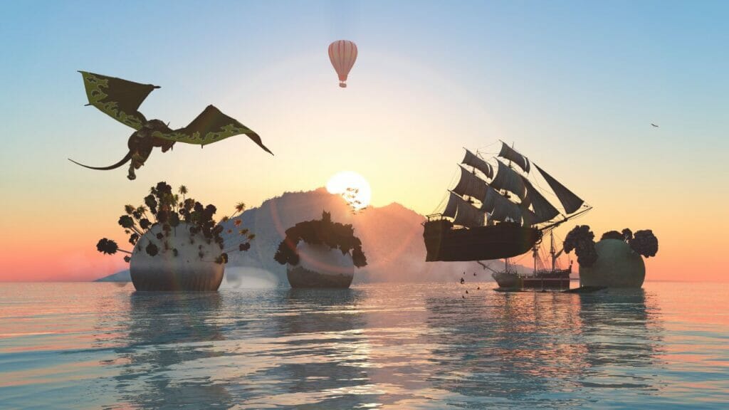Fantasy Book Series Worldbuilding - Dragon Flying Over Lagoon With Hot Air Balloon