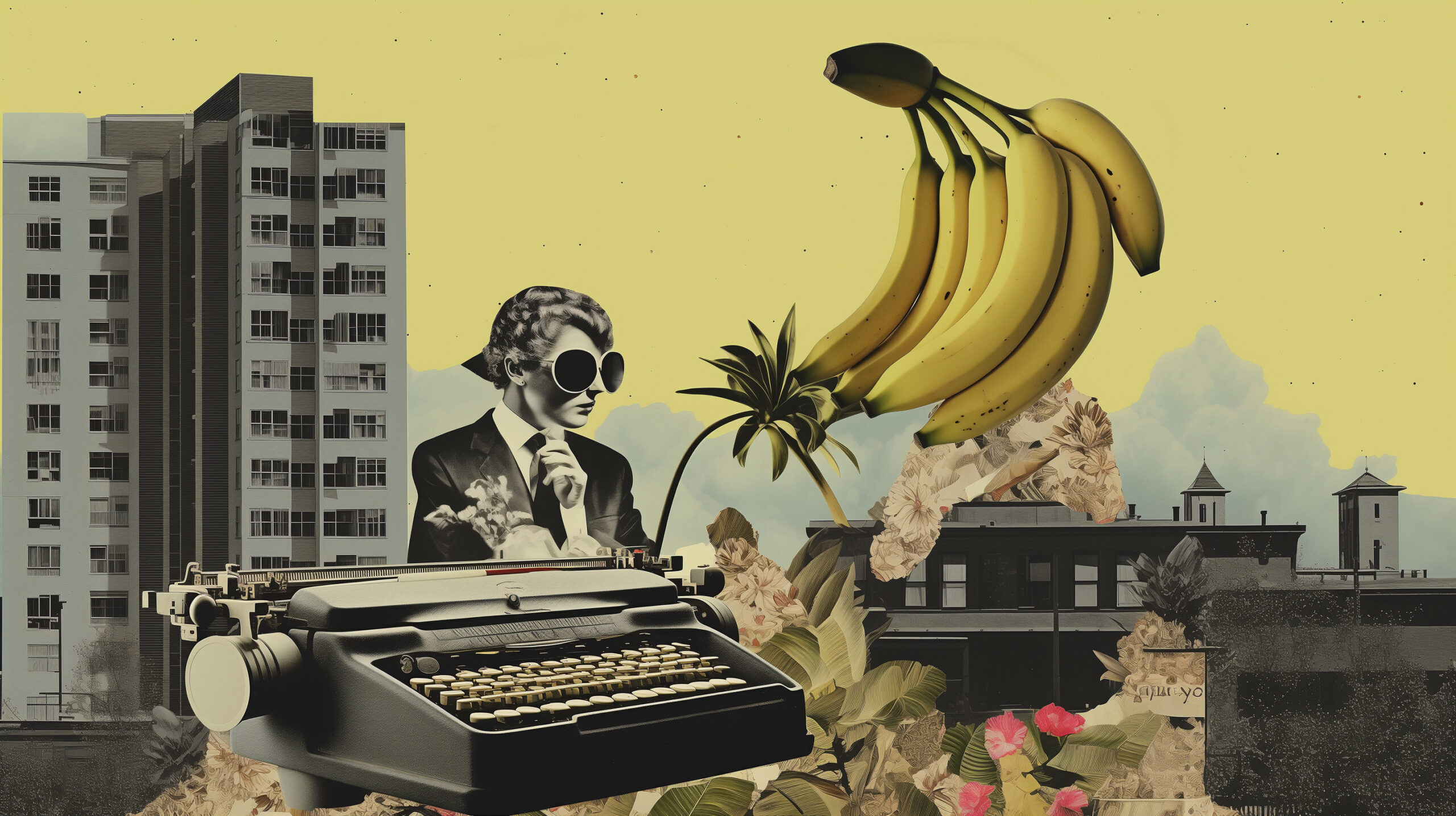 Absurdist fiction featuring a banana suspended mid-air, a typewriter with keys sprouting flower petals, and a woman with a pair of sunglasses reflecting a distorted cityscape