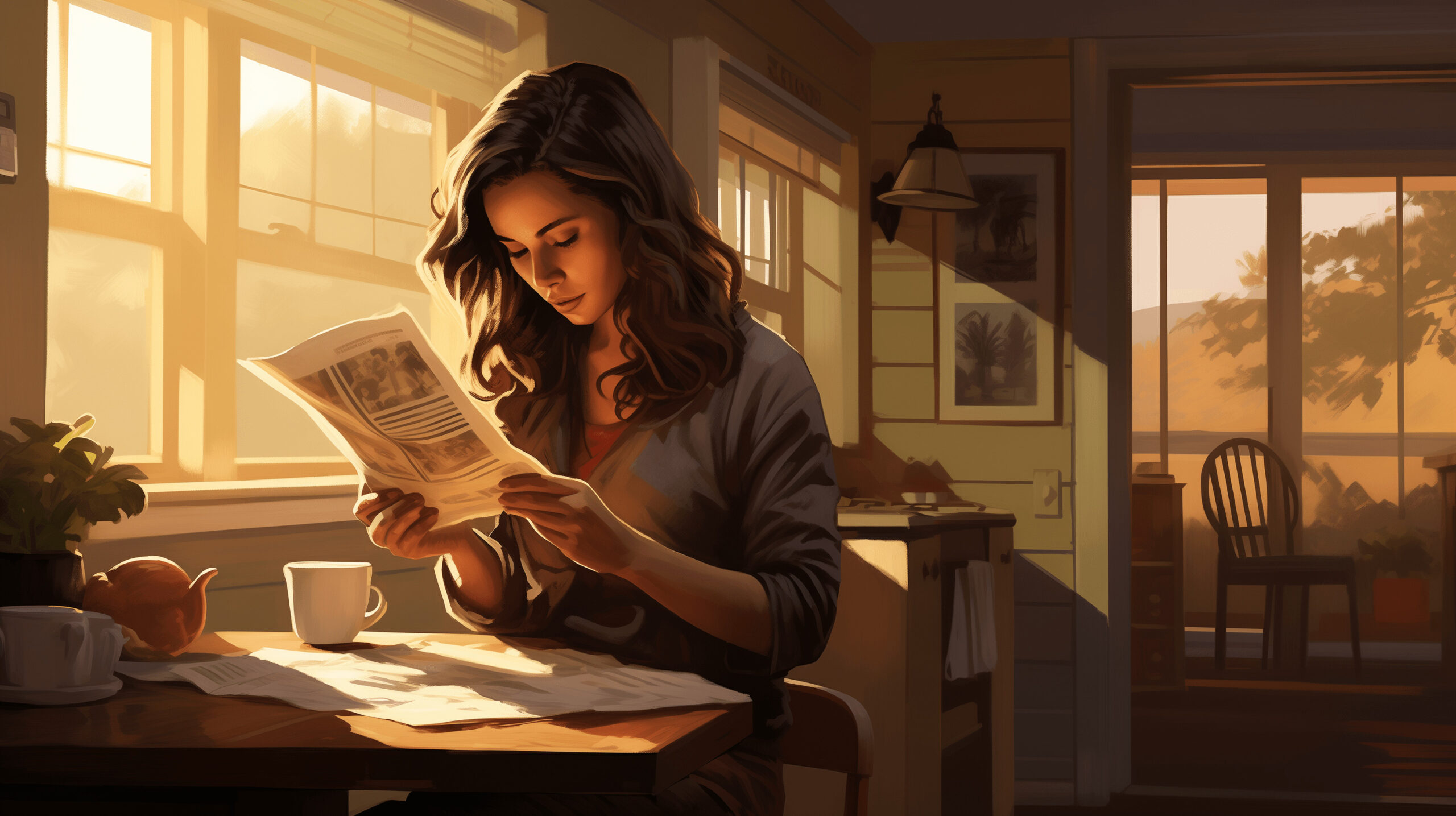 Aspiring author learning how to write a cozy mystery is reading a newspaper while at a cozy cottage kitchen where sunlight streams through the window