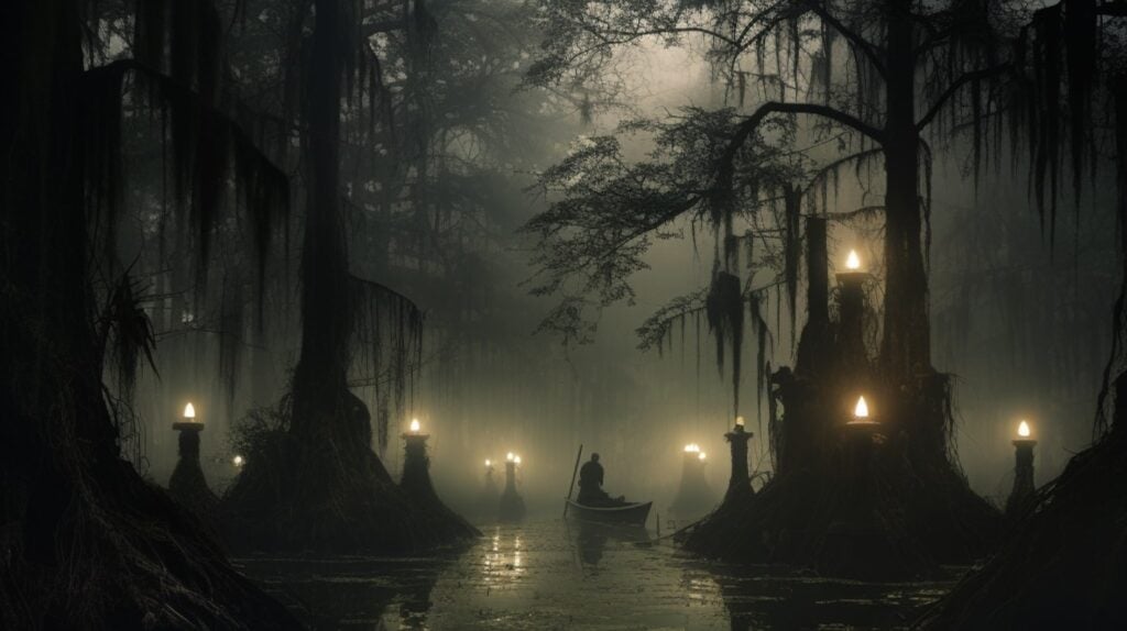 Southern Gothic Swamp With Murky Waters And And Mysterious Lights In The Background