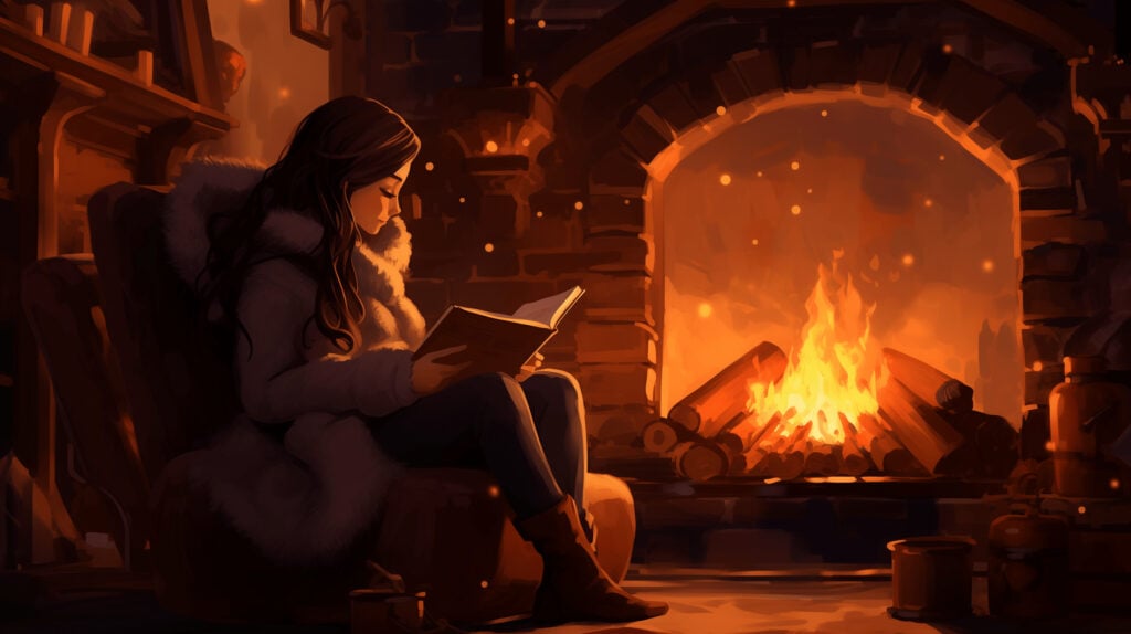 Woman comfortably sitting on a cozy chair while reading a cozy mystery book in front of a cozy fireplace