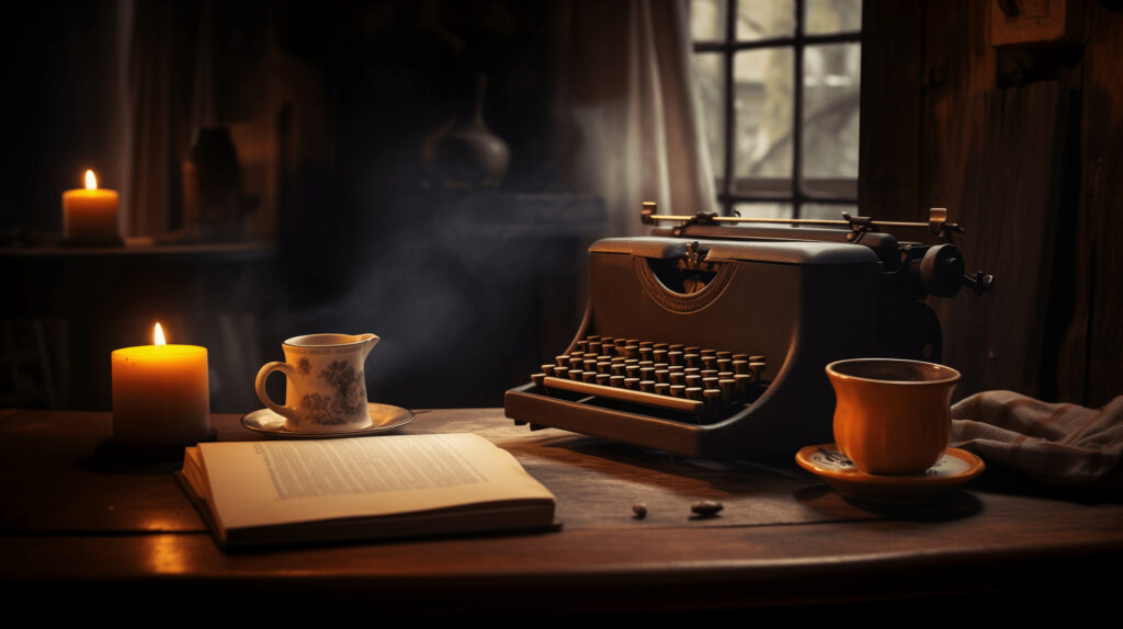 Cozy Mystery Writing Essentials: A Steaming Mug Of Tea, A Vintage Typewriter On A Rustic Desk, And A Manuscript