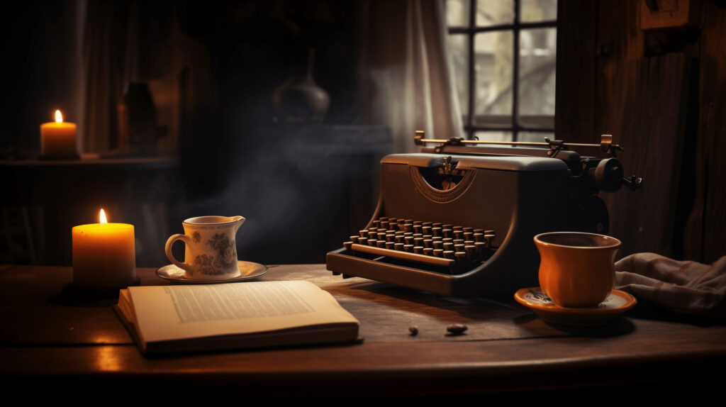 Cozy mystery writing essentials: a steaming mug of tea, a vintage typewriter on a rustic desk, and a manuscript