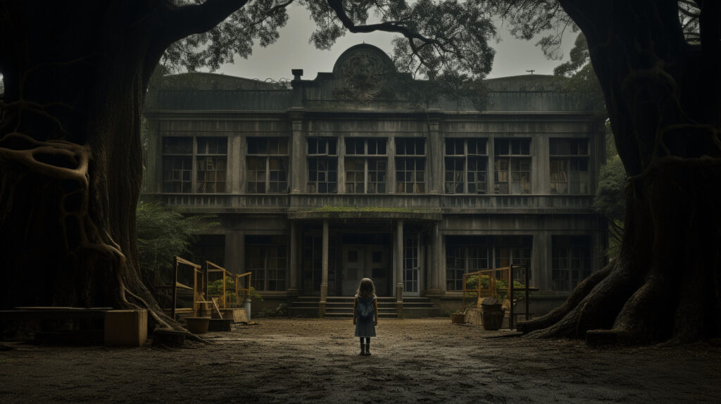 Strange Looking Young Child Outside A Dilapidated Southern Gothic Haunted And Eerie Looking Library