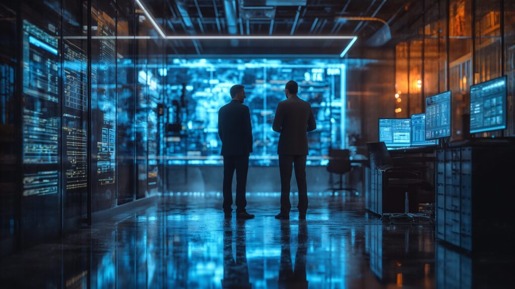 A Detective And His Confidant, One Of The Types Of Character In Fiction, Are Strategizing In A Secret Modern High-Tech Room