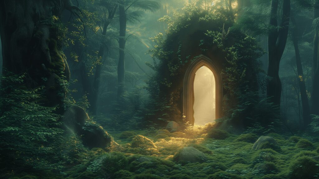 A Herald In The Form Of A Mystical Doorway Appearing In The Midst Of An Ancient Forest