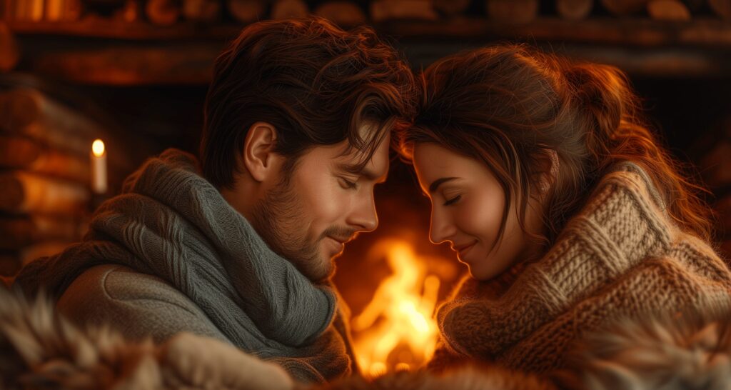 A Female Protagonist With Her Love Interest In A Cozy Winter Cabin By The Fireplace