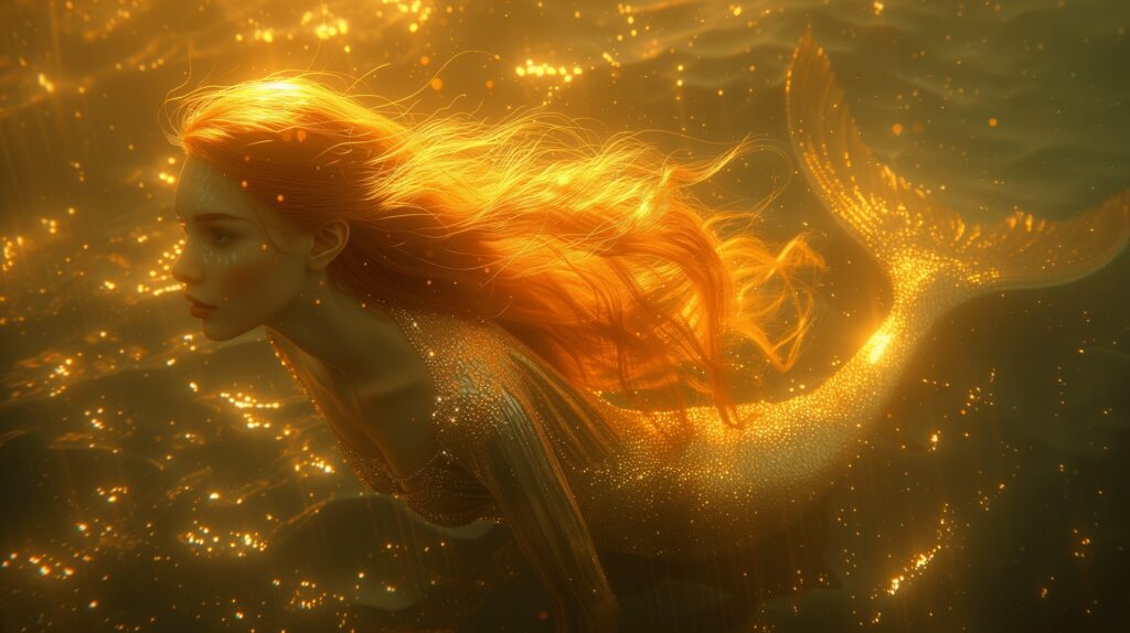 Mermaid, A Mythical Creature, Illuminated By The Golden Rays Of Sunlight