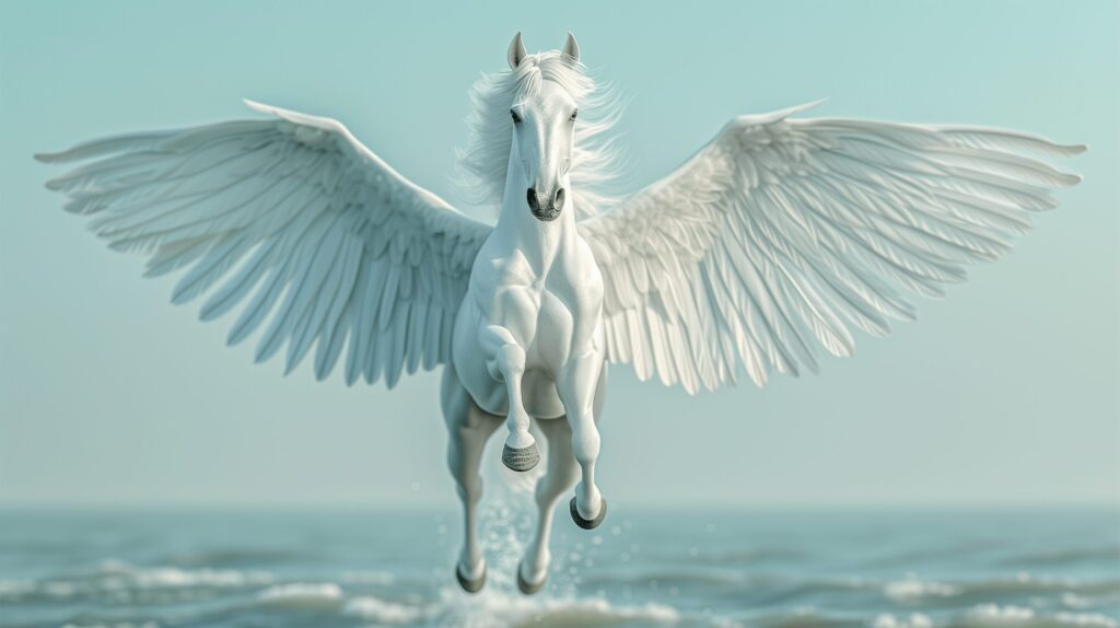 Pegasus Soaring Above The Sea, Wings Fully Extended