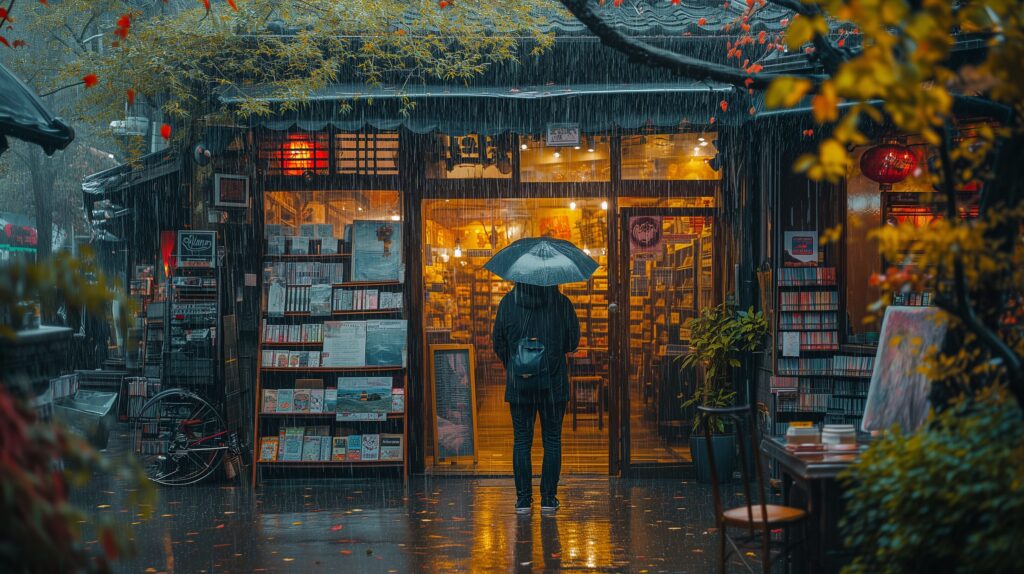 A Protagonist, One Of The Types Of Character In Fiction, Is Standing Outside A Cozy Bookstore