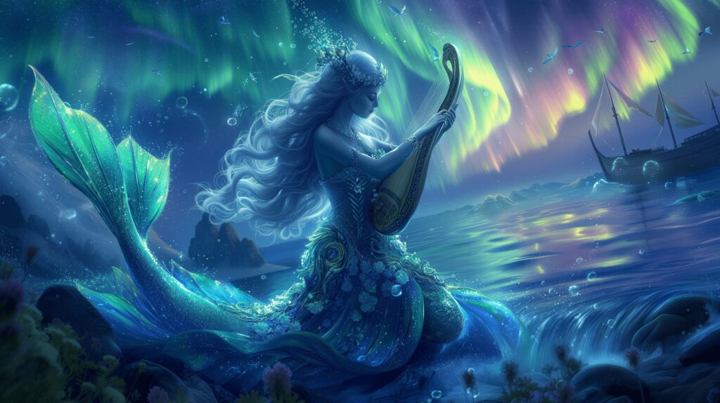 Beautiful Siren Playing The Lyre Beneath The Mystical Glow Of The Northern Lights