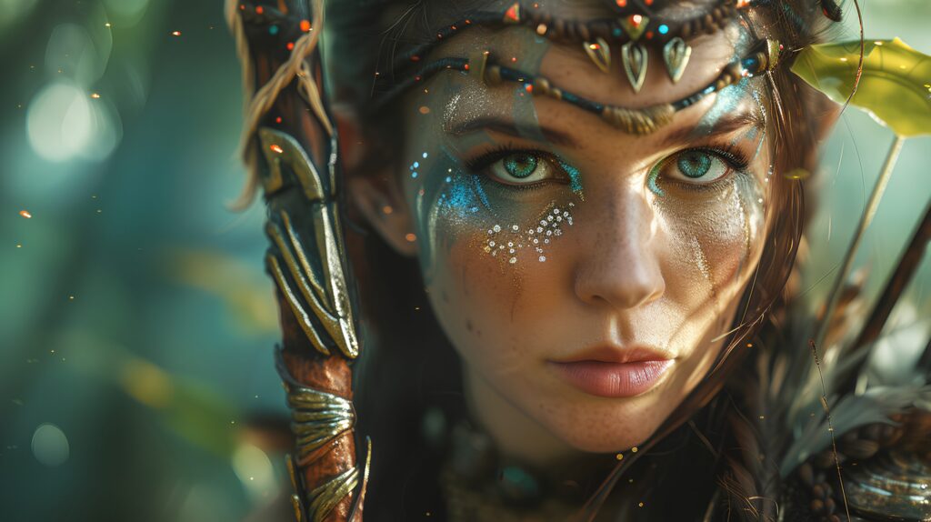 An Immersive Close-Up Of A Female Warrior, Clad In Fantastical Armor, Brandishing A Mythical Weapon In A Mystical Forest