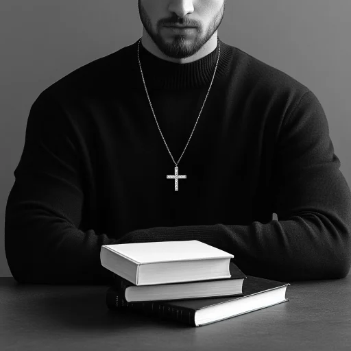 A Christian Author Wearing A Cross Necklace Sits At A Desk Behind A Pile Of Three Books, Black And White Photograph