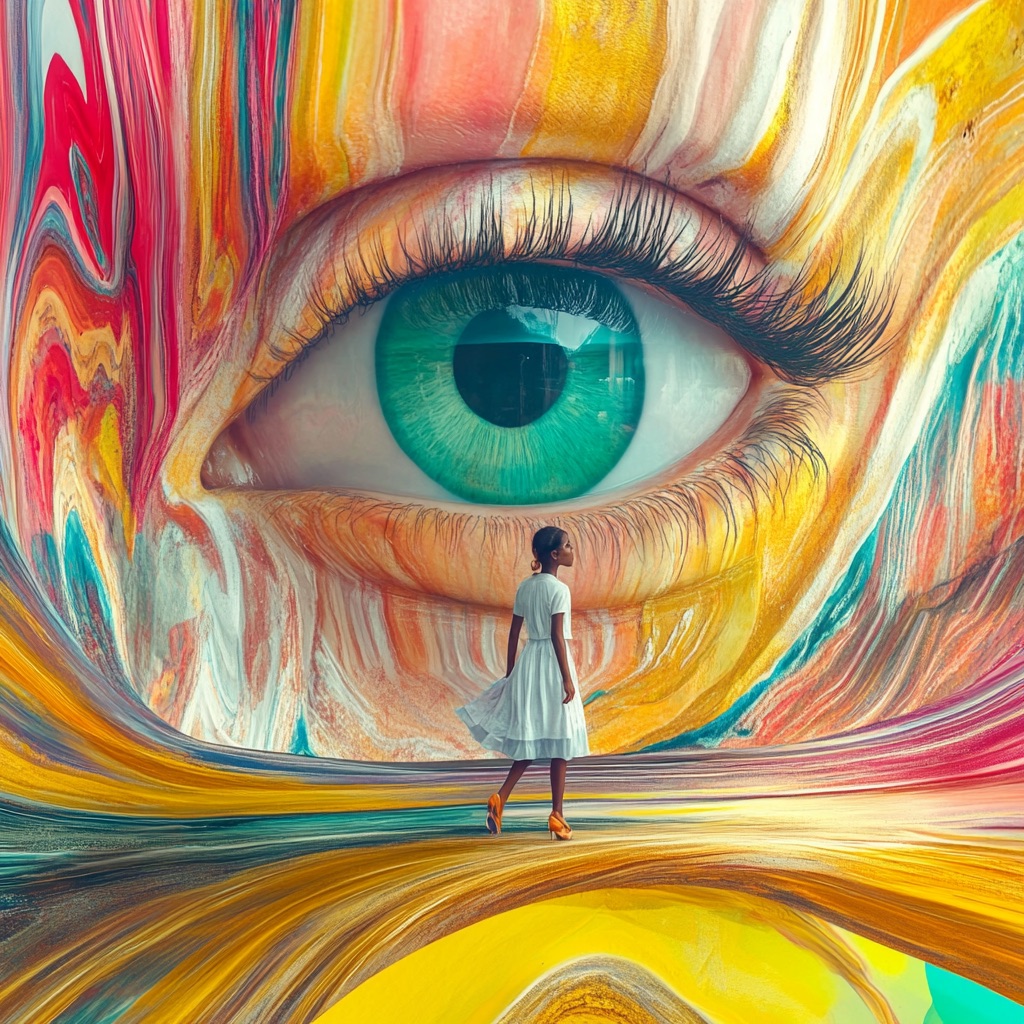 Surreal Writing Prompts, Shown Through A Woman Standing Next To A Colorful Eye