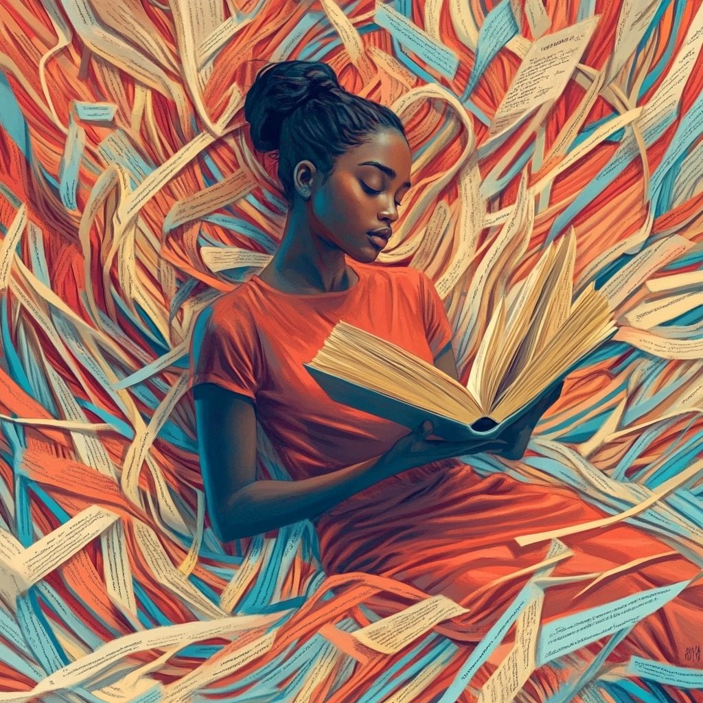 Fiction Writing Prompts, Shown By An Illustration Of A Woman Reading A Book Surrounded By A Pattern Of Pages