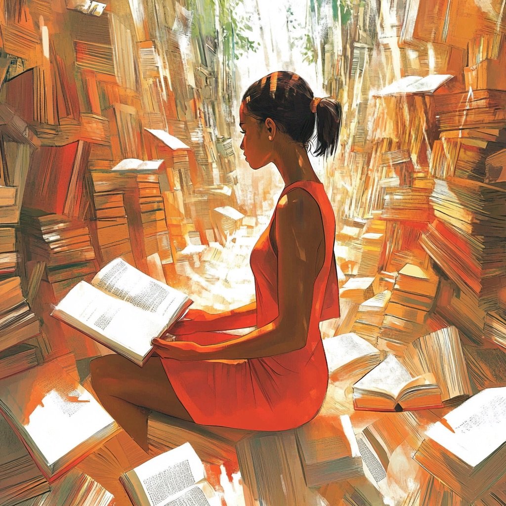 Nonfiction Writing Prompts For Adults, Shown Through An Illustrated Woman Surrounded By Books