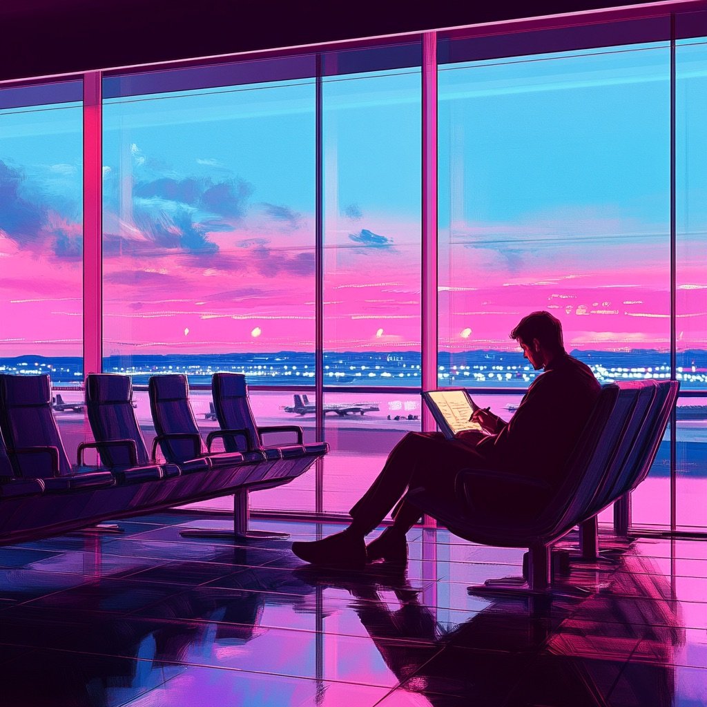 Illustration Of Someone Writing Creative Nonfiction In An Airport Lounge, Pink Sky In Distance